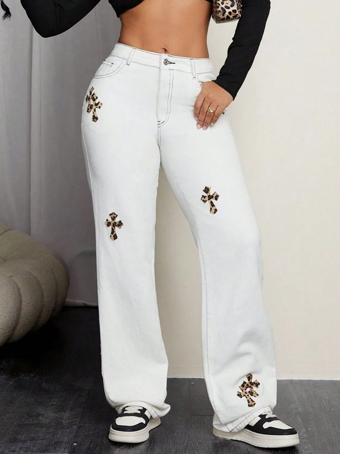Leopard Cross Detail Straight Leg Jeans sold by Unique Kulture product image thumbnail 2