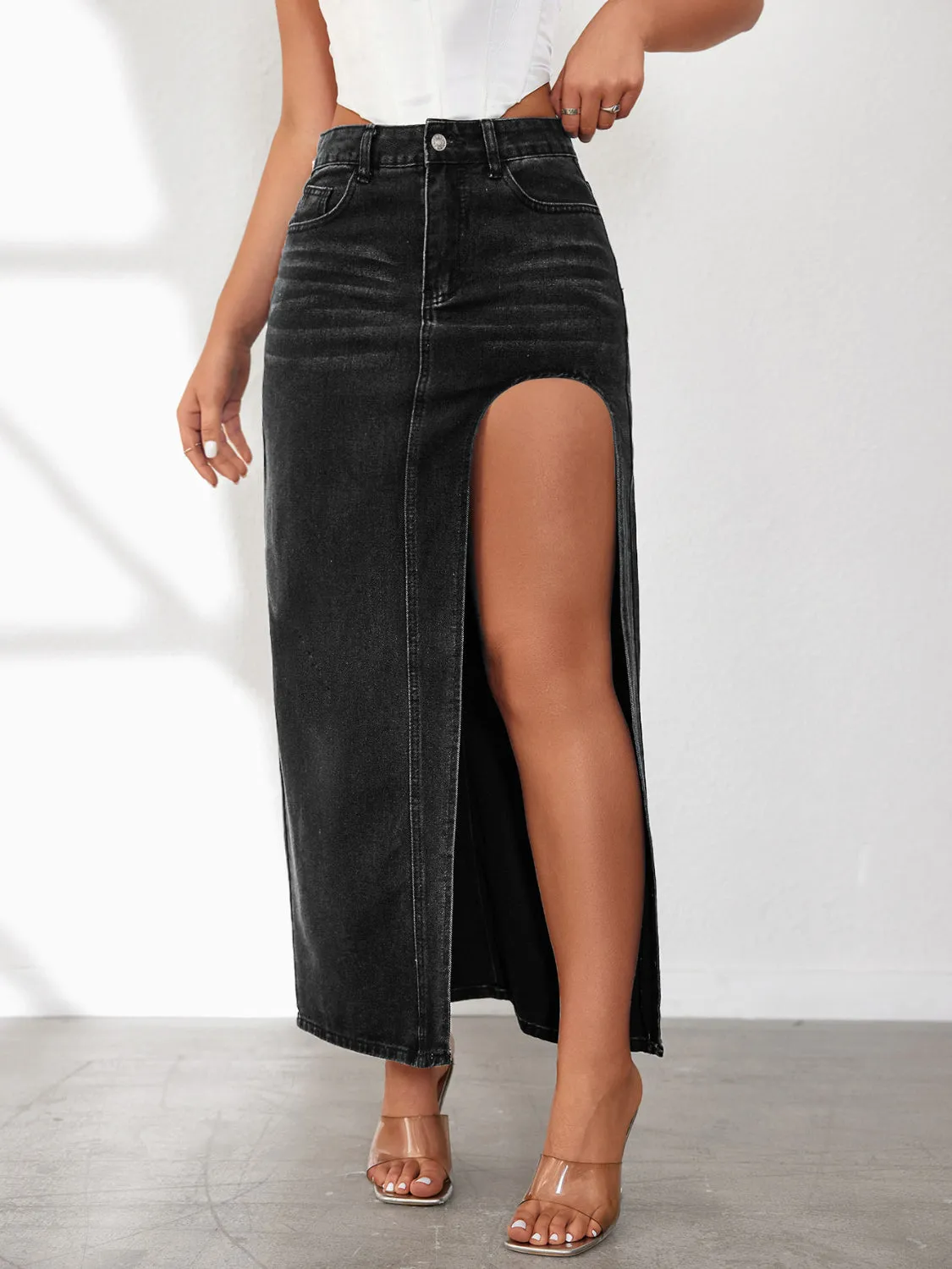 High Rise Slit Denim Skirt sold by Unique Kulture product image thumbnail 2