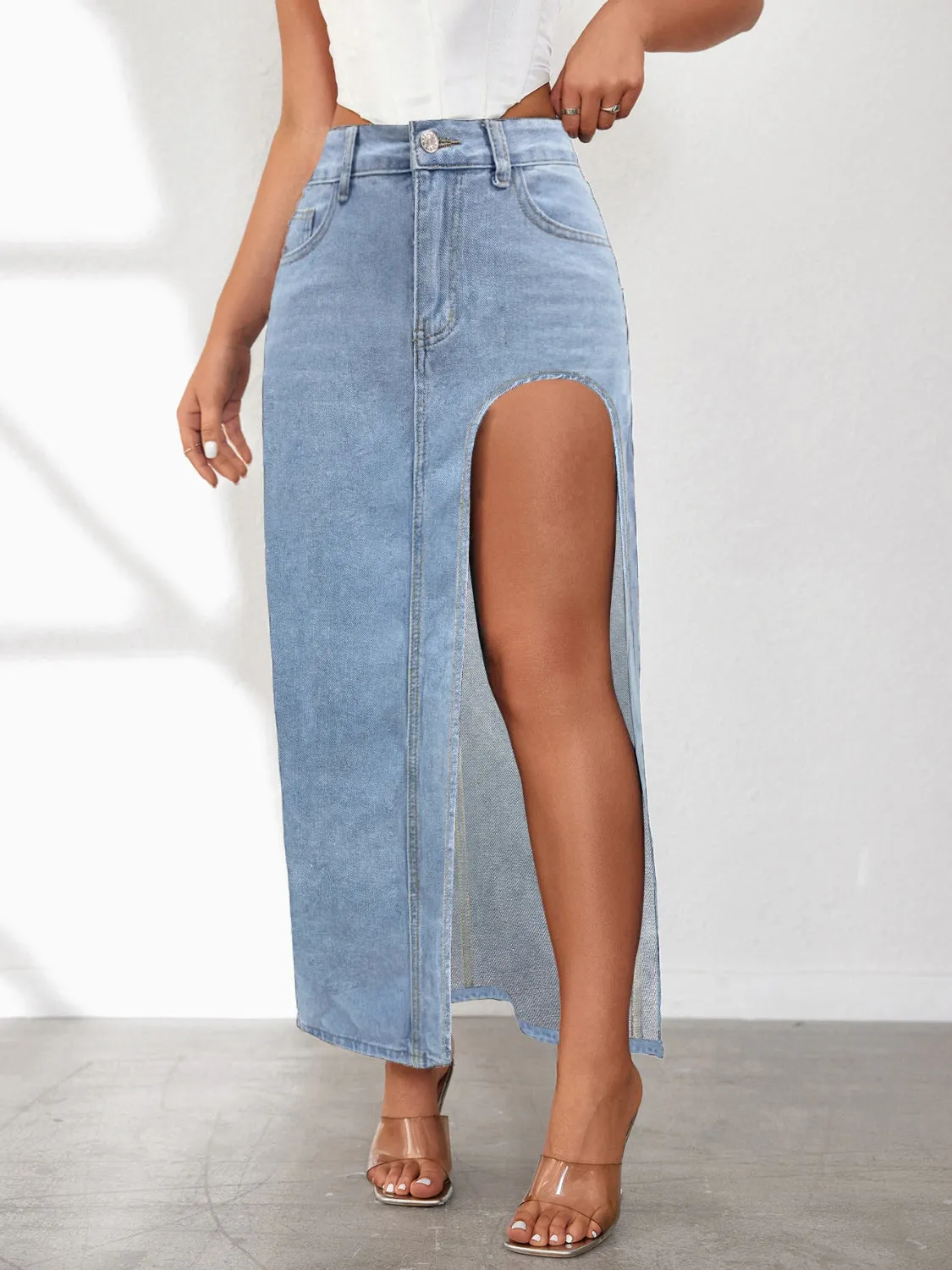 High Rise Slit Denim Skirt sold by Unique Kulture product image thumbnail 4