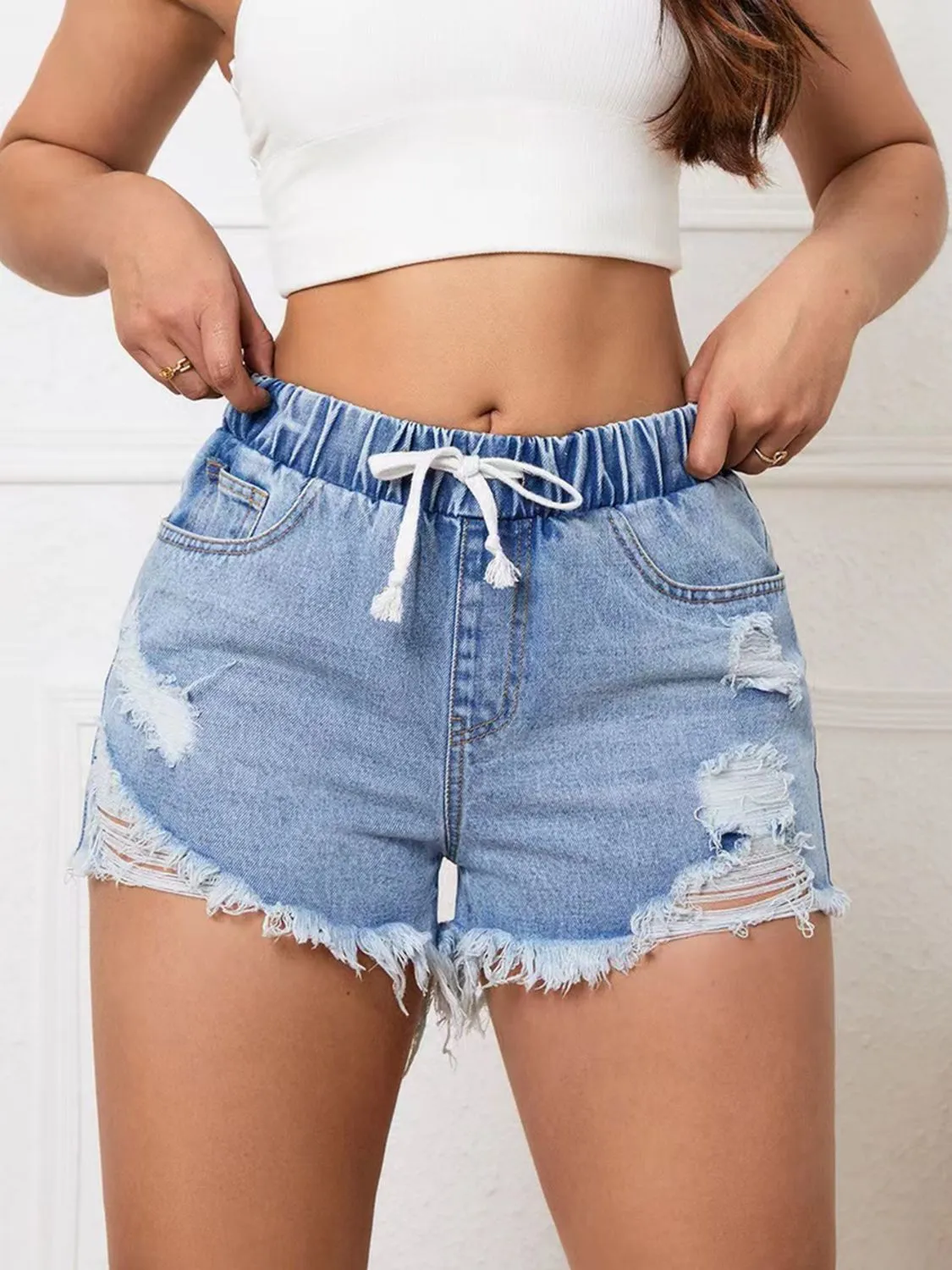 Distressed Drawstring Raw Hem Denim Shorts sold by Unique Kulture product image thumbnail 3