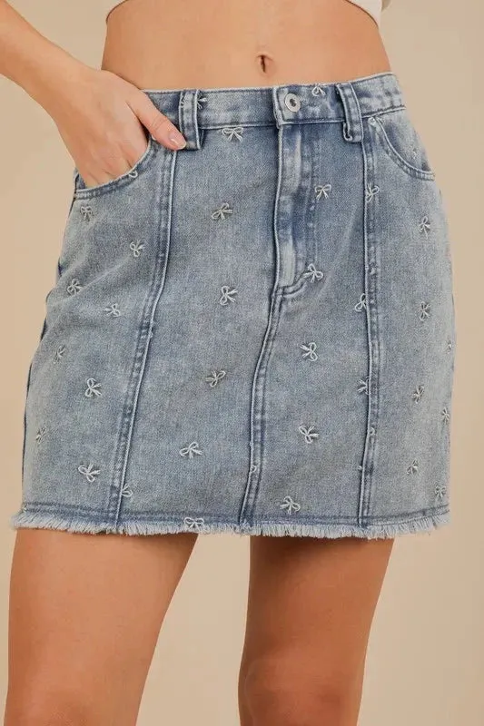 VERY J Bow Printed Casual Denim Mini Skirt sold by Unique Kulture