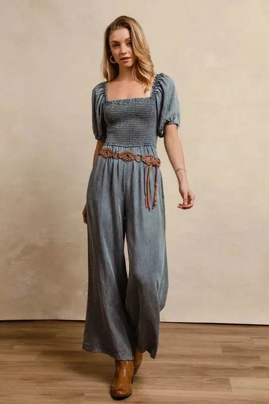 BiBi Smocked Washed Puff Sleeve Square Neck Denim Jumpsuit sold by Unique Kulture product image thumbnail 4