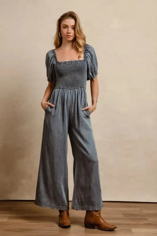 BiBi Smocked Washed Puff Sleeve Square Neck Denim Jumpsuit sold by Unique Kulture product image thumbnail 3