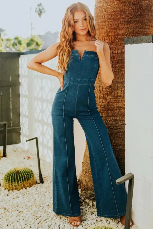 Spaghetti Strap Wide Leg Denim Jumpsuit sold by Unique Kulture
