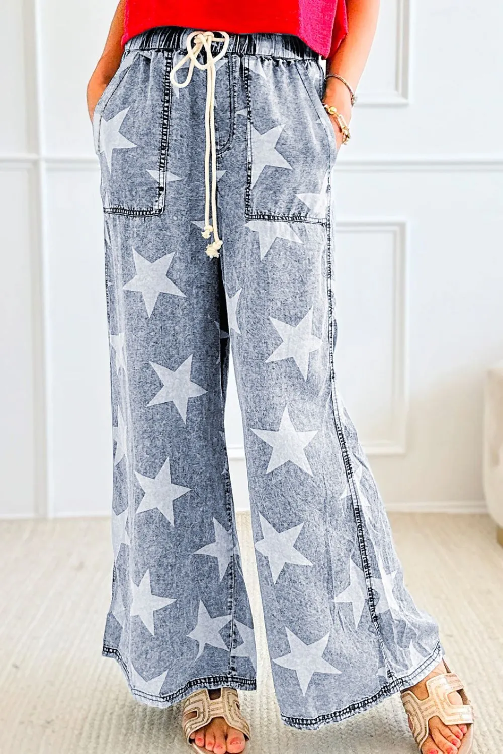 Star Print Washed Drawstring High Waist Wide Leg Jeans sold by Unique Kulture product image thumbnail 2