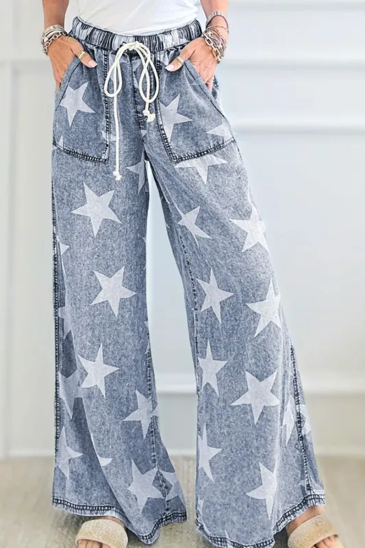 Star Print Washed Drawstring High Waist Wide Leg Jeans made by Trendsi