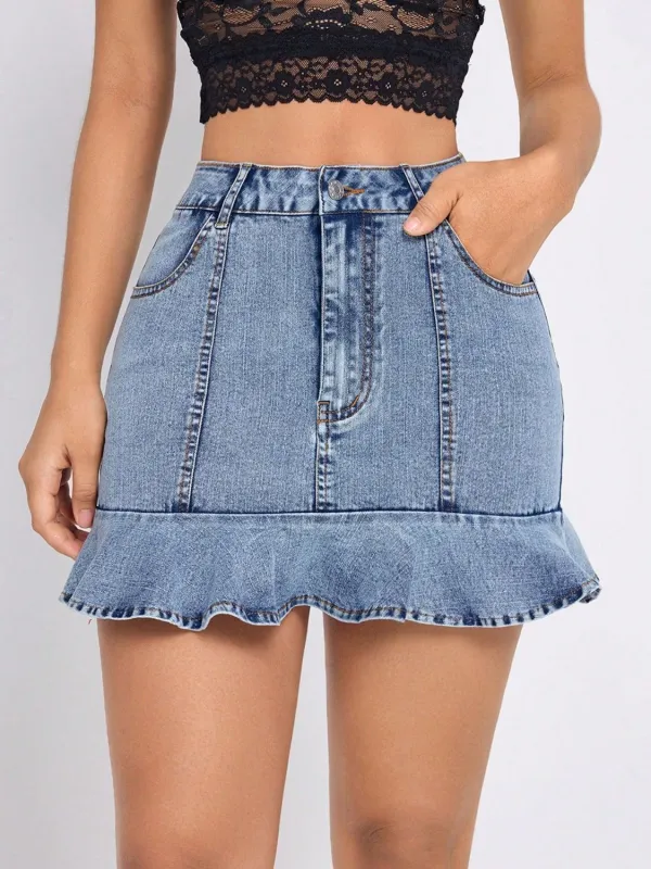 Ruffled Hem Denim Mini Skirt sold by Unique Kulture