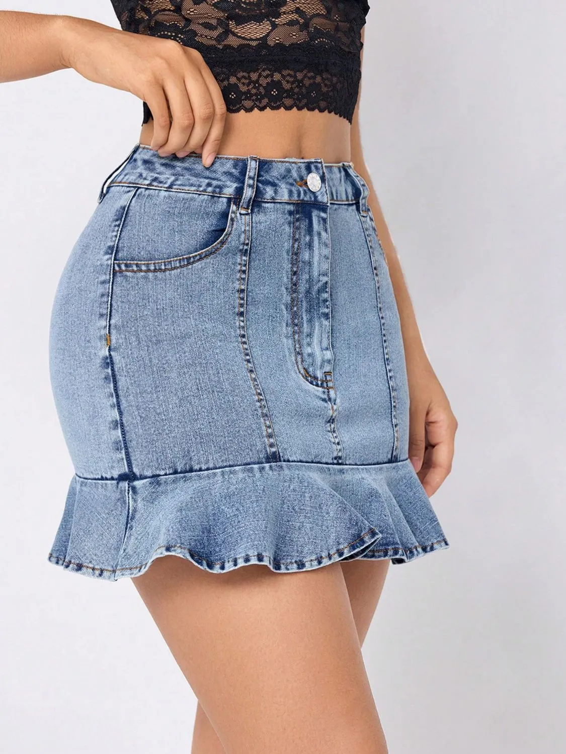 Ruffled Hem Denim Mini Skirt sold by Unique Kulture product image thumbnail 2