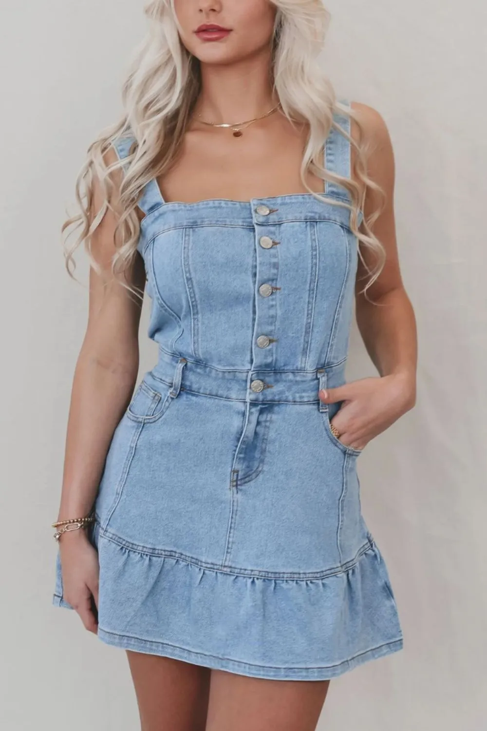 Ruffled Hem Button Front Square Neck Denim Dress sold by Unique Kulture