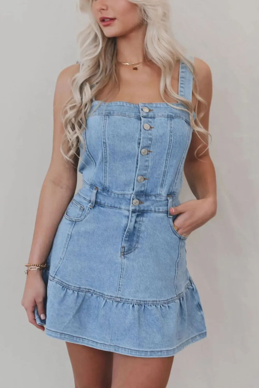 Ruffled Hem Button Front Square Neck Denim Dress sold by Unique Kulture product image thumbnail 4
