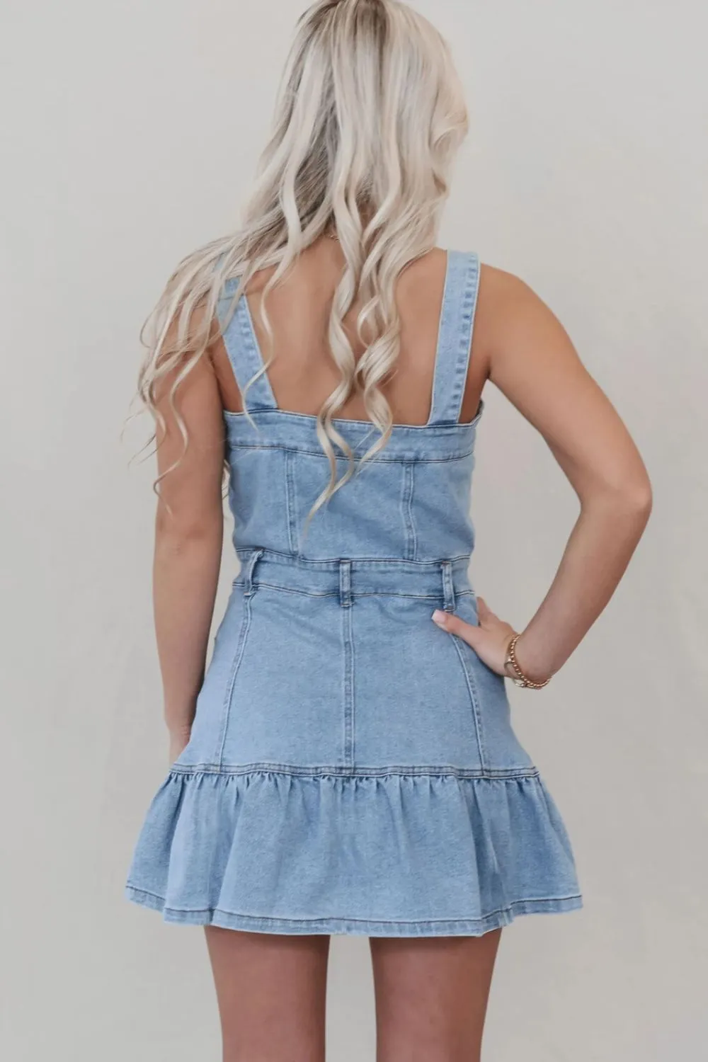 Ruffled Hem Button Front Square Neck Denim Dress sold by Unique Kulture product image thumbnail 3