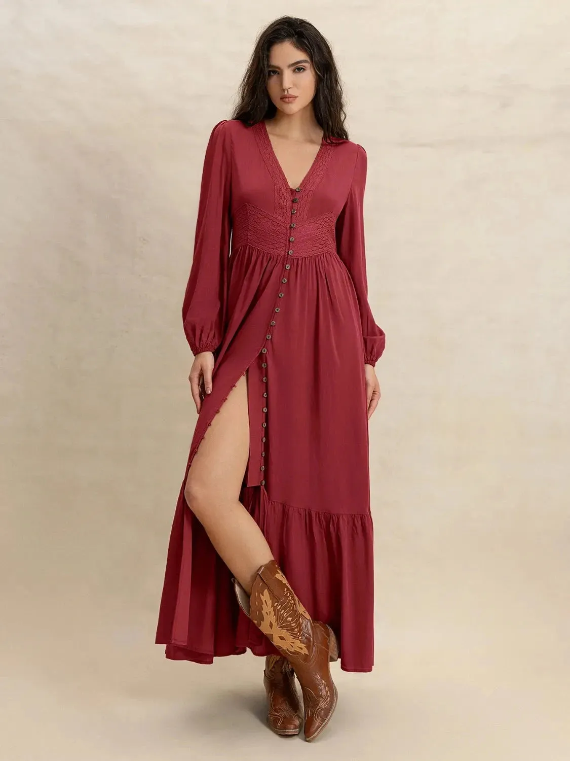V-Neck Balloon Sleeve Ruffled Hem Maxi Dress sold by Unique Kulture product image thumbnail 3