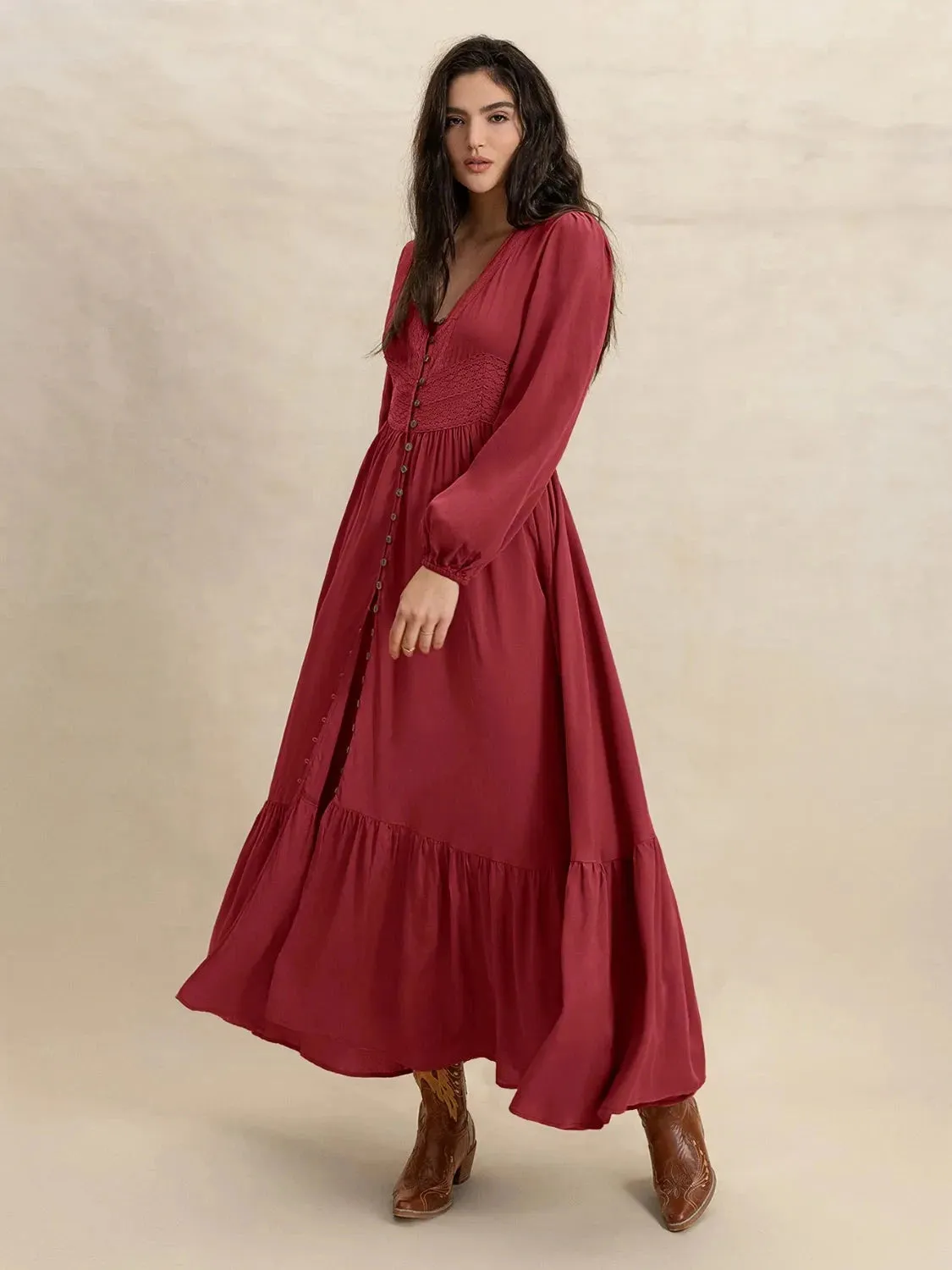 V-Neck Balloon Sleeve Ruffled Hem Maxi Dress sold by Unique Kulture product image thumbnail 5