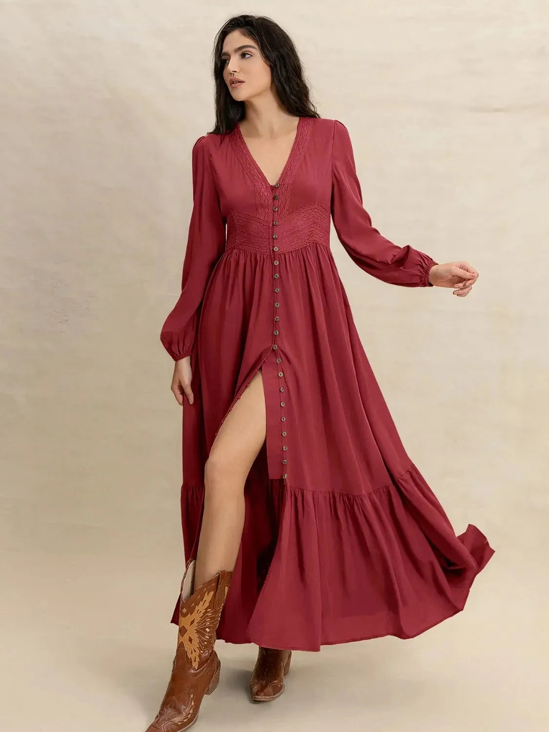 V-Neck Balloon Sleeve Ruffled Hem Maxi Dress sold by Unique Kulture product image thumbnail 2