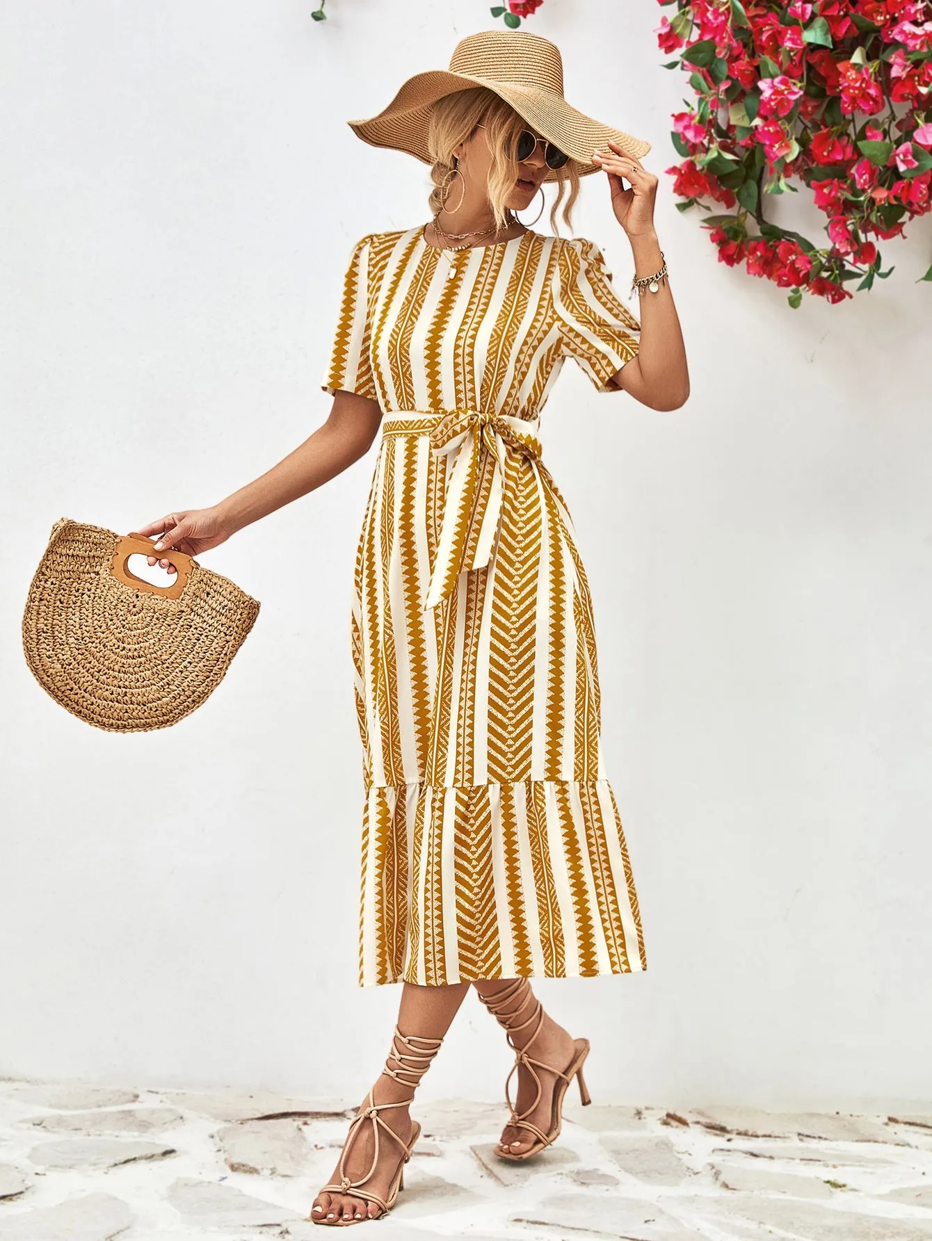 Striped Tie Belt Round Neck Puff Sleeve Dress sold by Unique Kulture product image thumbnail 3