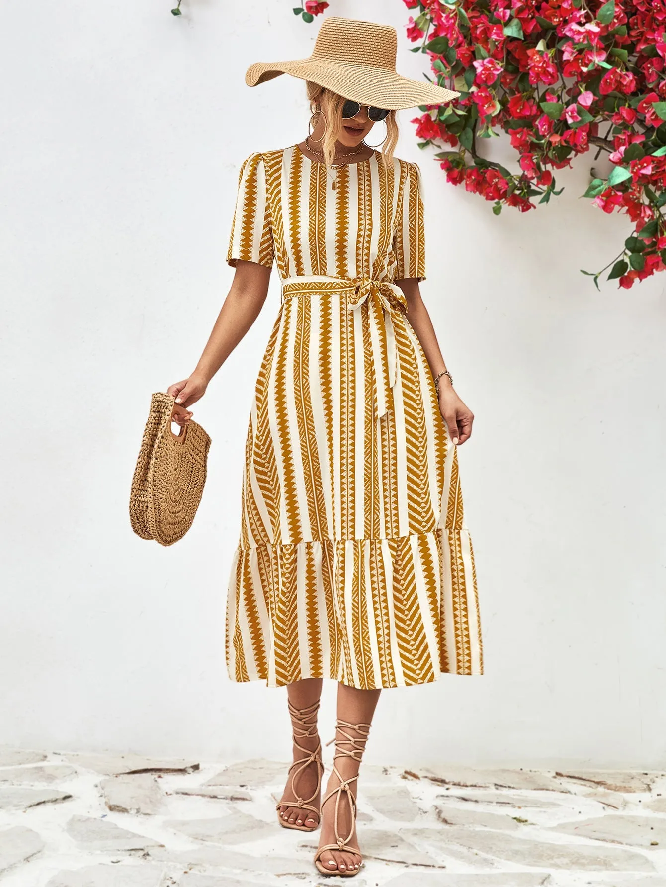 Striped Tie Belt Round Neck Puff Sleeve Dress sold by Unique Kulture