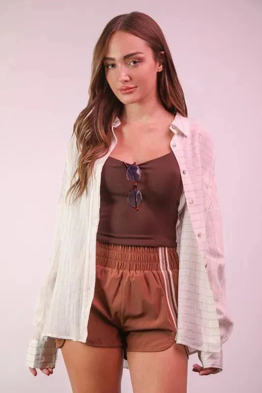 VERY J Oversized Striped Button Down Shirt Top sold by Unique Kulture