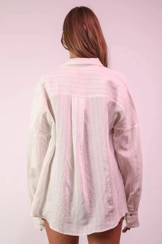 VERY J Oversized Striped Button Down Shirt Top sold by Unique Kulture product image thumbnail 3