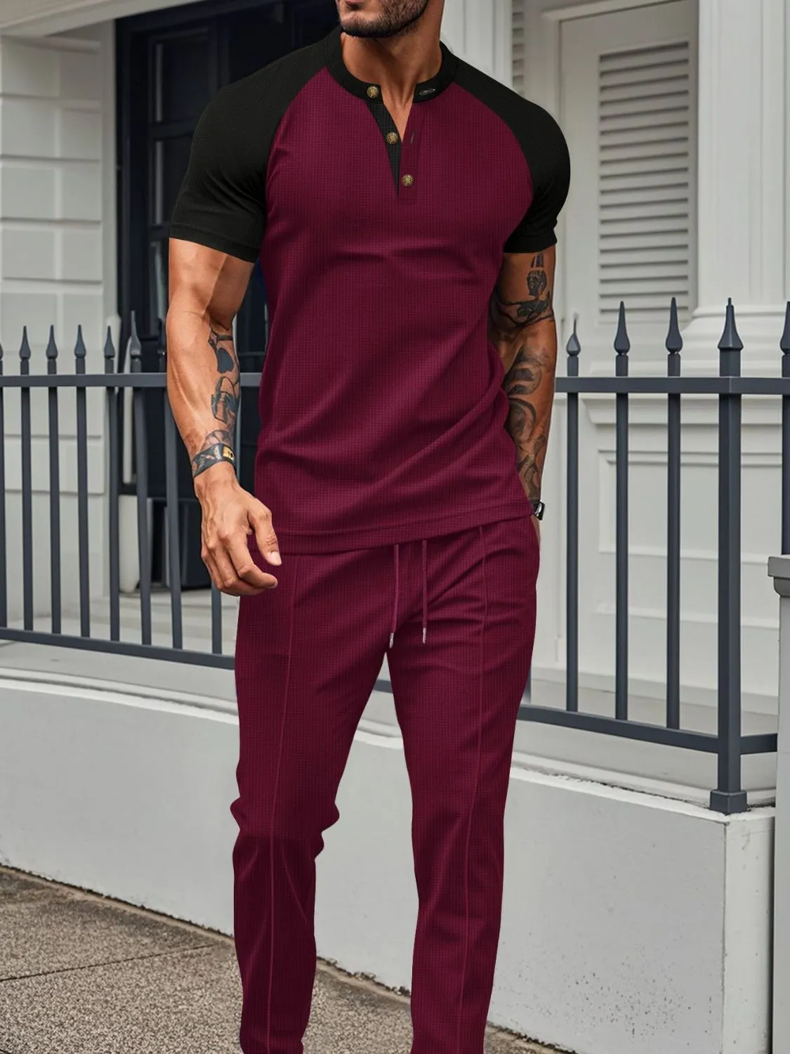 Men's Full Size Waffle-Knit Contrast Top and Drawstring Pants Set Plus Size sold by Unique Kulture product image thumbnail 4
