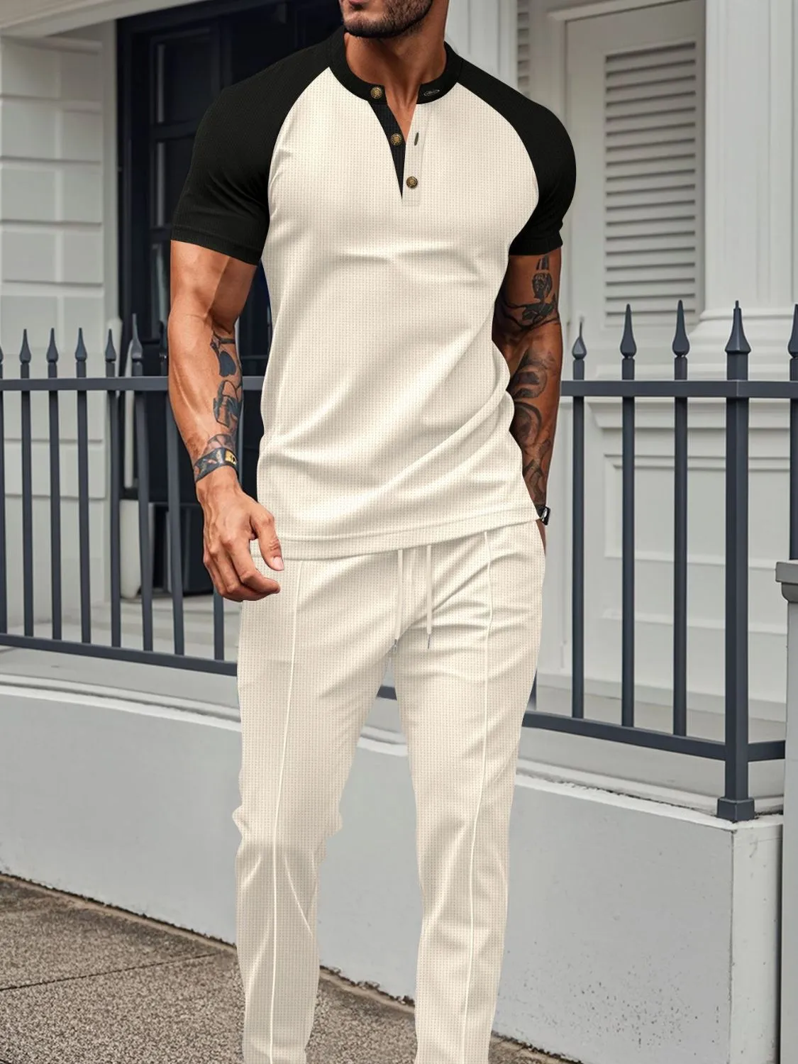 Men's Full Size Waffle-Knit Contrast Top and Drawstring Pants Set Plus Size sold by Unique Kulture product image thumbnail 2