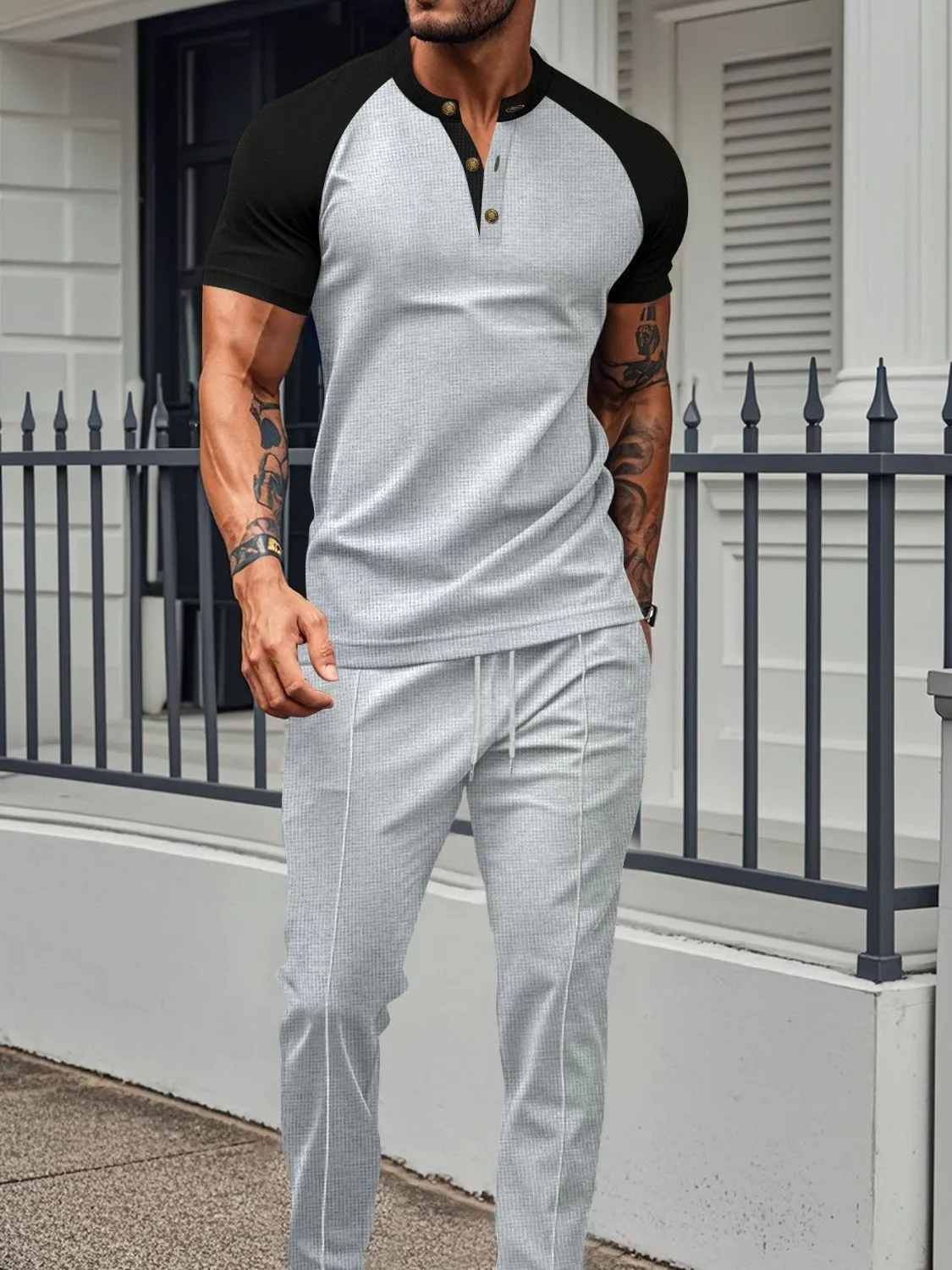Men's Full Size Waffle-Knit Contrast Top and Drawstring Pants Set Plus Size sold by Unique Kulture