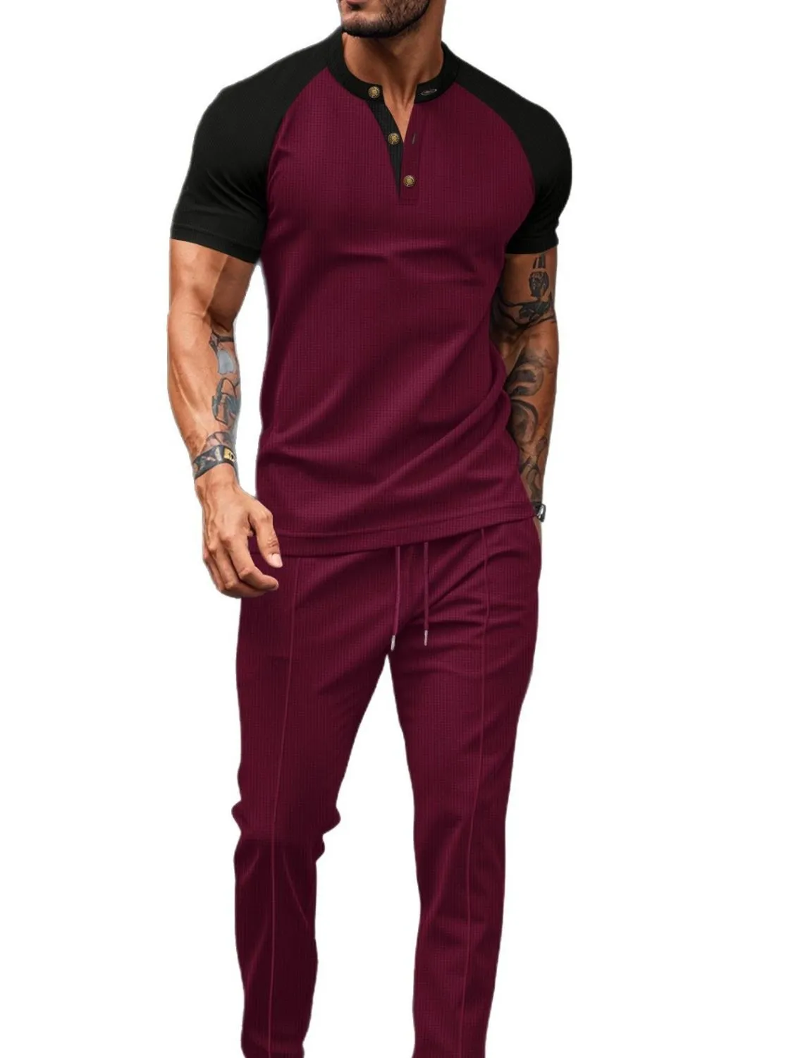 Men's Full Size Waffle-Knit Contrast Top and Drawstring Pants Set Plus Size sold by Unique Kulture product image thumbnail 5