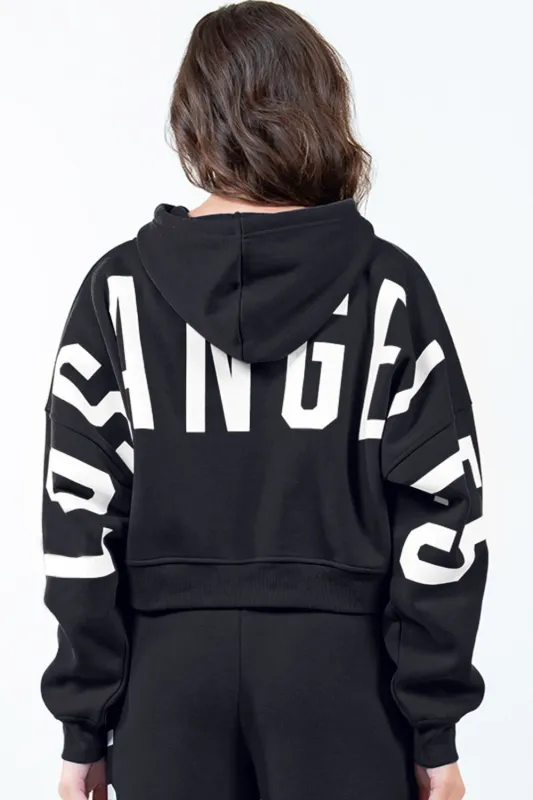 American Bazi Letter Graphic Long Sleeve Drawstring Cropped Hoodie sold by Unique Kulture