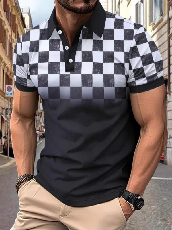 Men's Full Size Collared Checkered Short Sleeve Polo Plus Size made by Trendsi