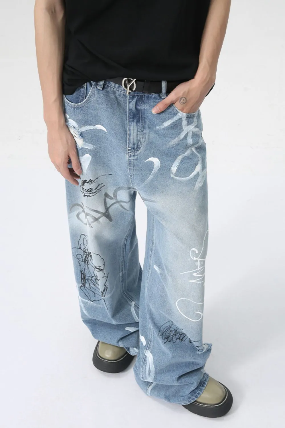 Mid Rise Graffiti Print Distressed Wide Leg Jeans sold by Unique Kulture product image thumbnail 2