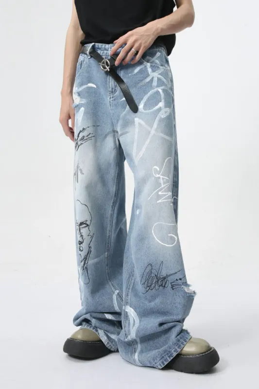 Mid Rise Graffiti Print Distressed Wide Leg Jeans sold by Unique Kulture