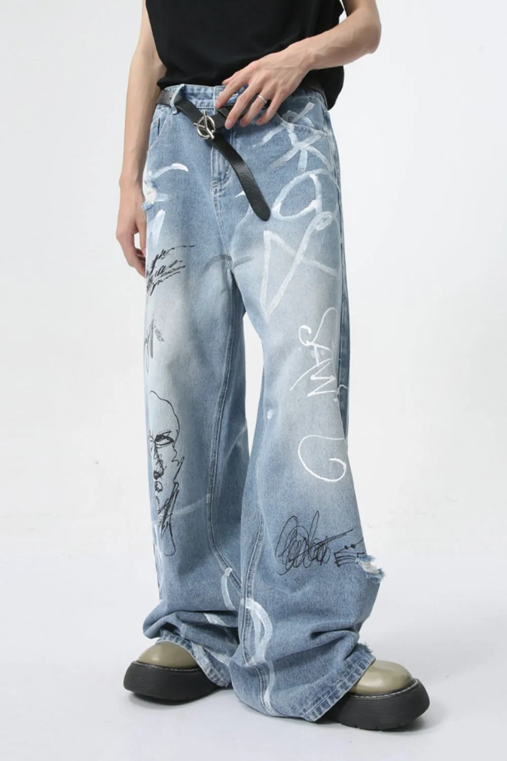 Mid Rise Graffiti Print Distressed Wide Leg Jeans sold by Unique Kulture