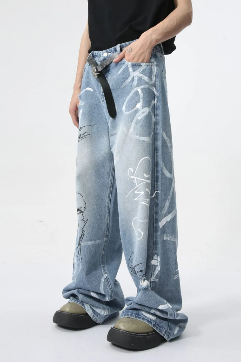 Mid Rise Graffiti Print Distressed Wide Leg Jeans sold by Unique Kulture product image thumbnail 5