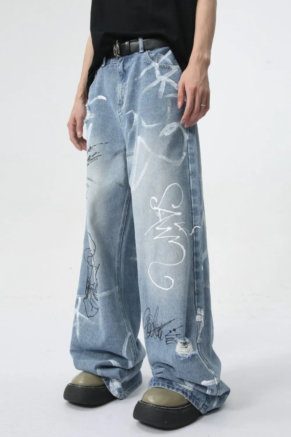 Mid Rise Graffiti Print Distressed Wide Leg Jeans sold by Unique Kulture product image thumbnail 3