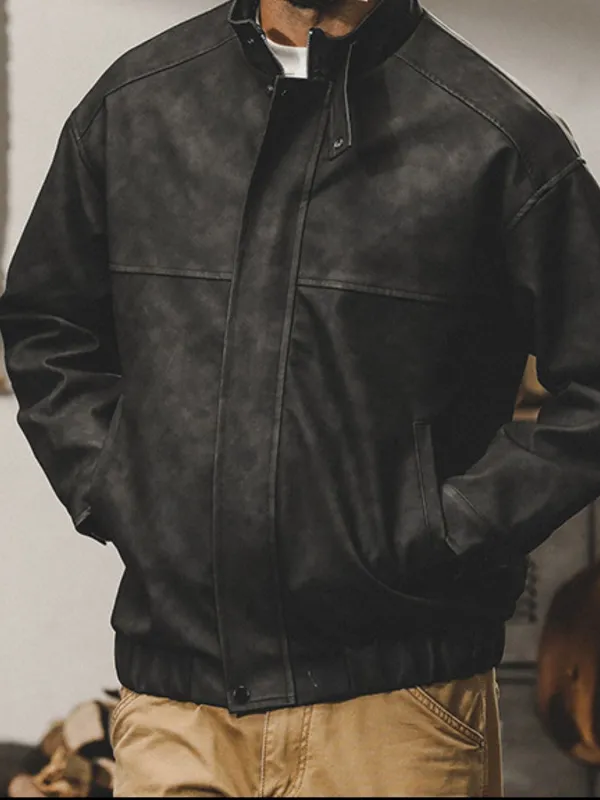 Men's Plus Size Zip Up Stand Collar Biker Jacket sold by Unique Kulture