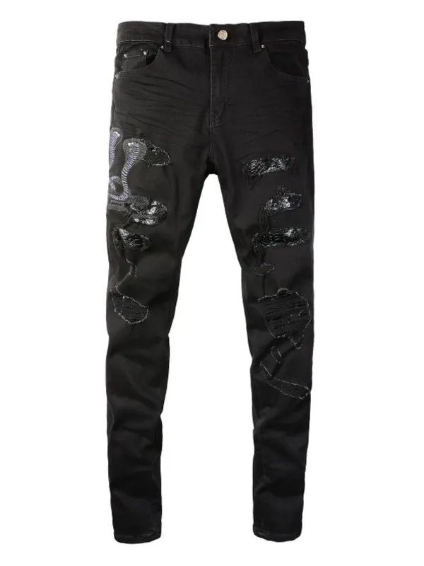 Men's Washed Snake Embroidered Slim Jeans made by Trendsi