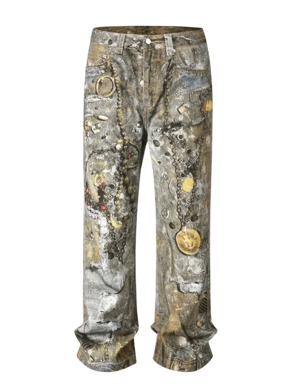 Men's Wide Straight Printed Jeans with Pockets sold by Unique Kulture