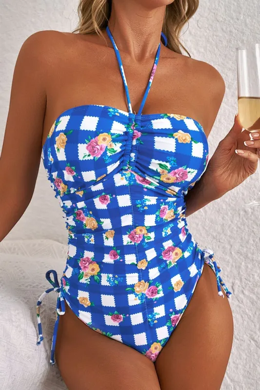 Floral Gingham Halter Neck Drawstring One Piece Swimwear sold by Unique Kulture