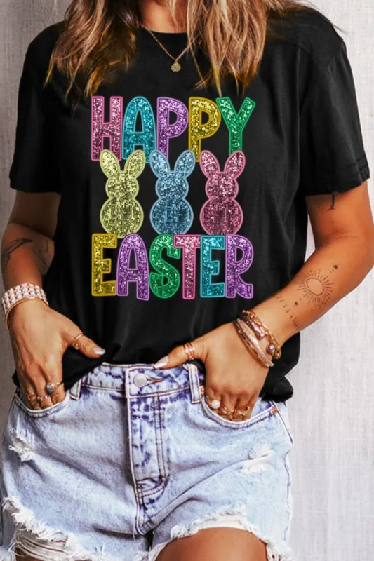 HAPPY EASTER Sequin Bunny Round Neck T-Shirt made by Trendsi