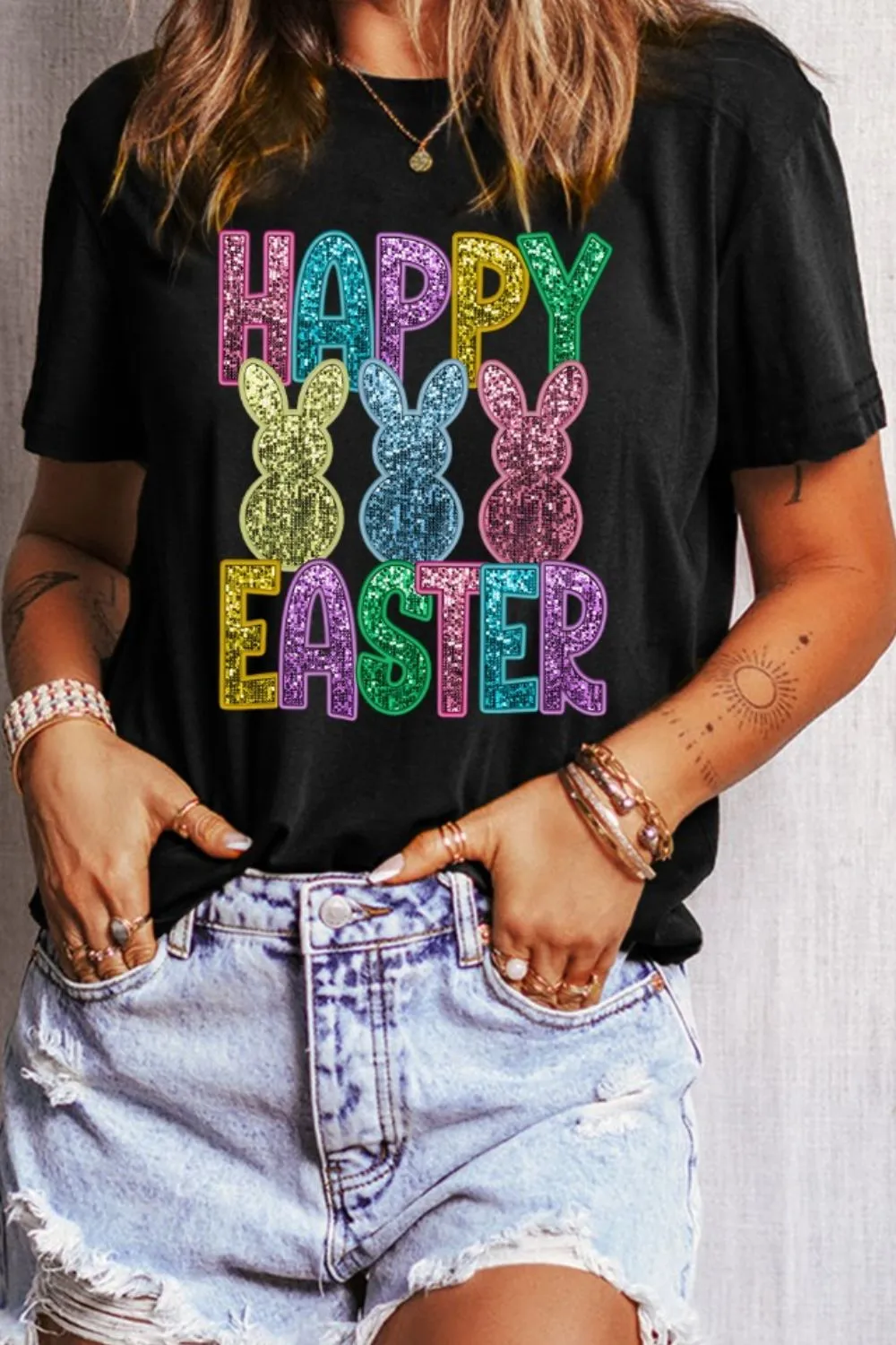 HAPPY EASTER Sequin Bunny Round Neck T-Shirt sold by Unique Kulture