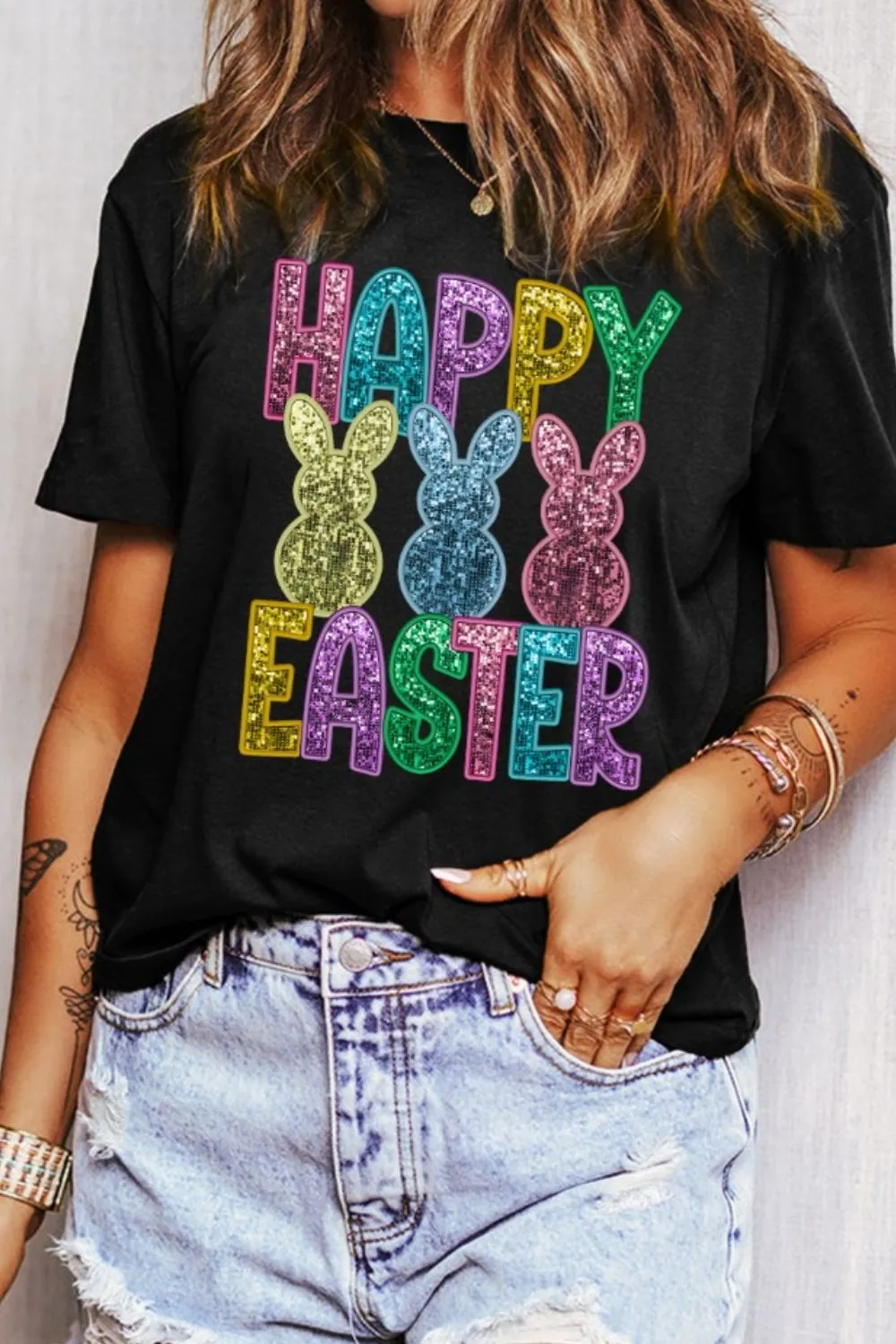 HAPPY EASTER Sequin Bunny Round Neck T-Shirt sold by Unique Kulture product image thumbnail 2