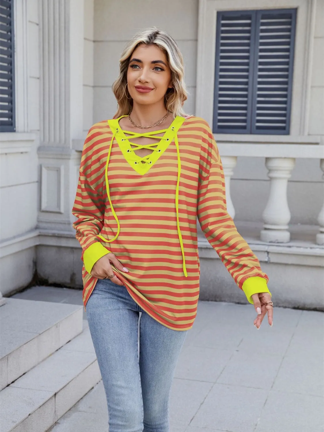 Lace-Up Striped Long Sleeve T-Shirt sold by Unique Kulture product image thumbnail 2