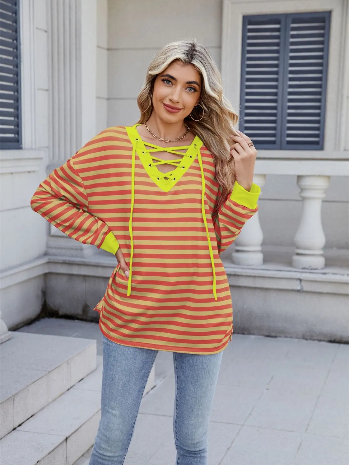 Lace-Up Striped Long Sleeve T-Shirt sold by Unique Kulture product image thumbnail 3