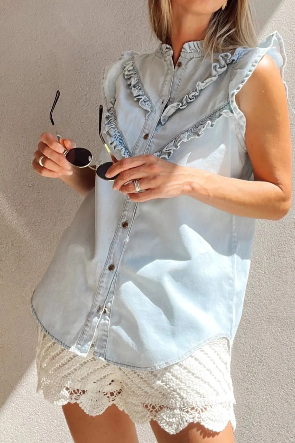 Frill Button Down Ruffled Cap Sleeve Denim Top sold by Unique Kulture product image thumbnail 5