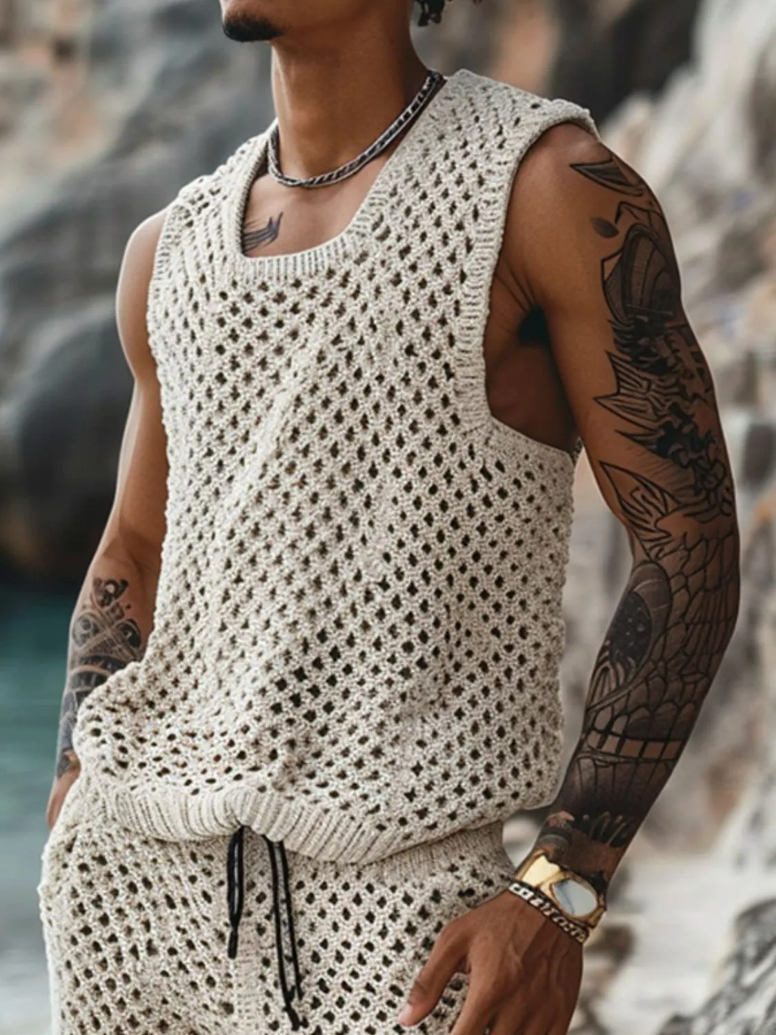 Men's Plus Size Hollow Out Round Neck Tank and Shorts Set sold by Unique Kulture product image thumbnail 2