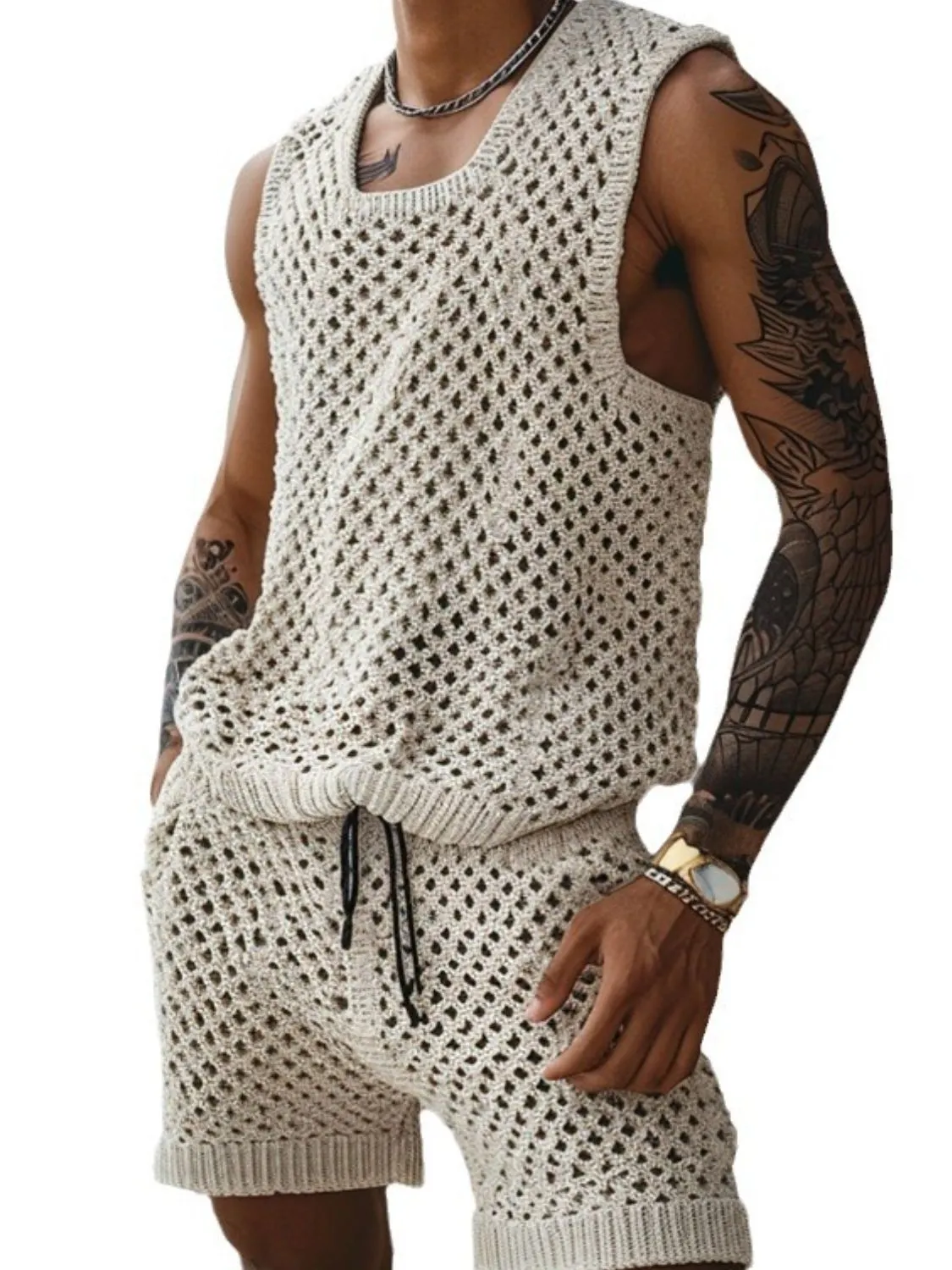 Men's Plus Size Hollow Out Round Neck Tank and Shorts Set sold by Unique Kulture product image thumbnail 5