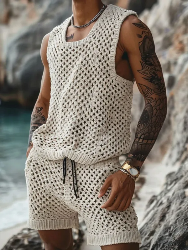 Men's Plus Size Hollow Out Round Neck Tank and Shorts Set made by Unique Kulture