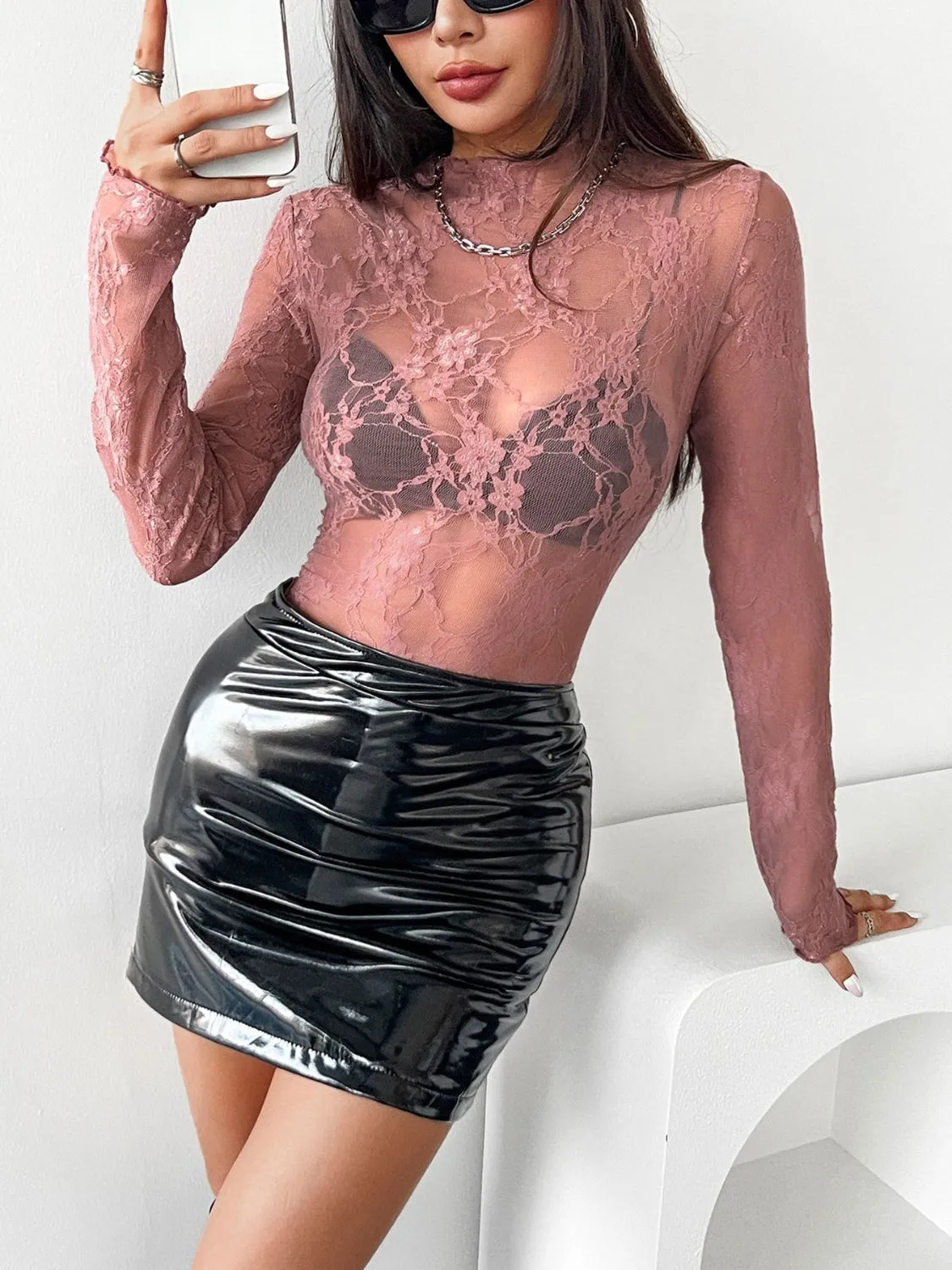 Mock Neck Long Sleeve Sheer Lace Top sold by Unique Kulture product image thumbnail 5