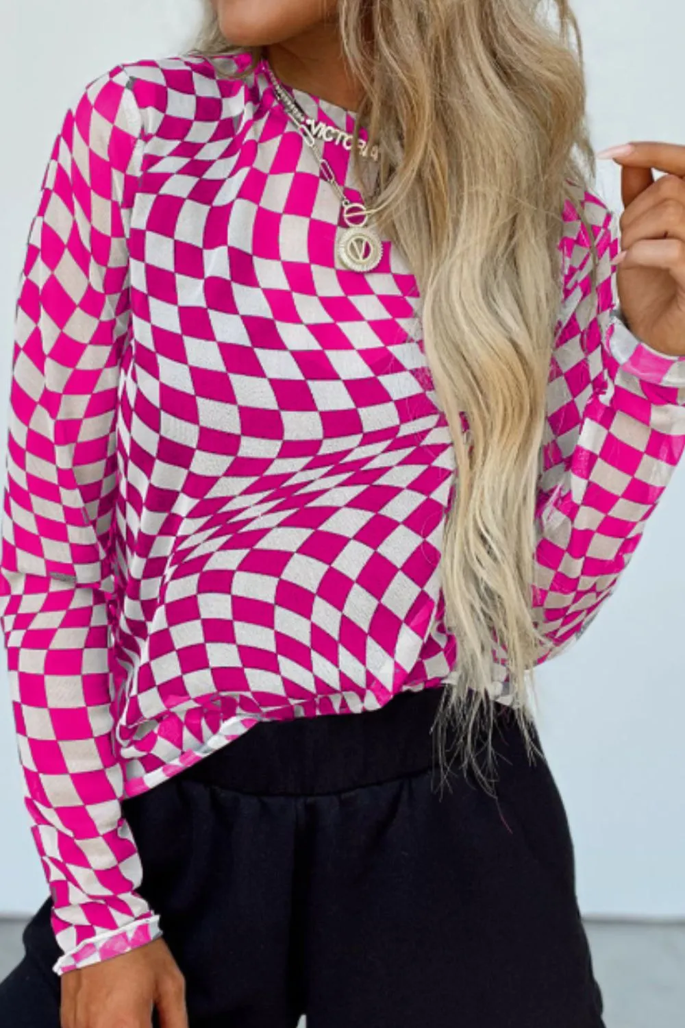 Checkered Mock Neck Long Sleeve Blouse sold by Unique Kulture