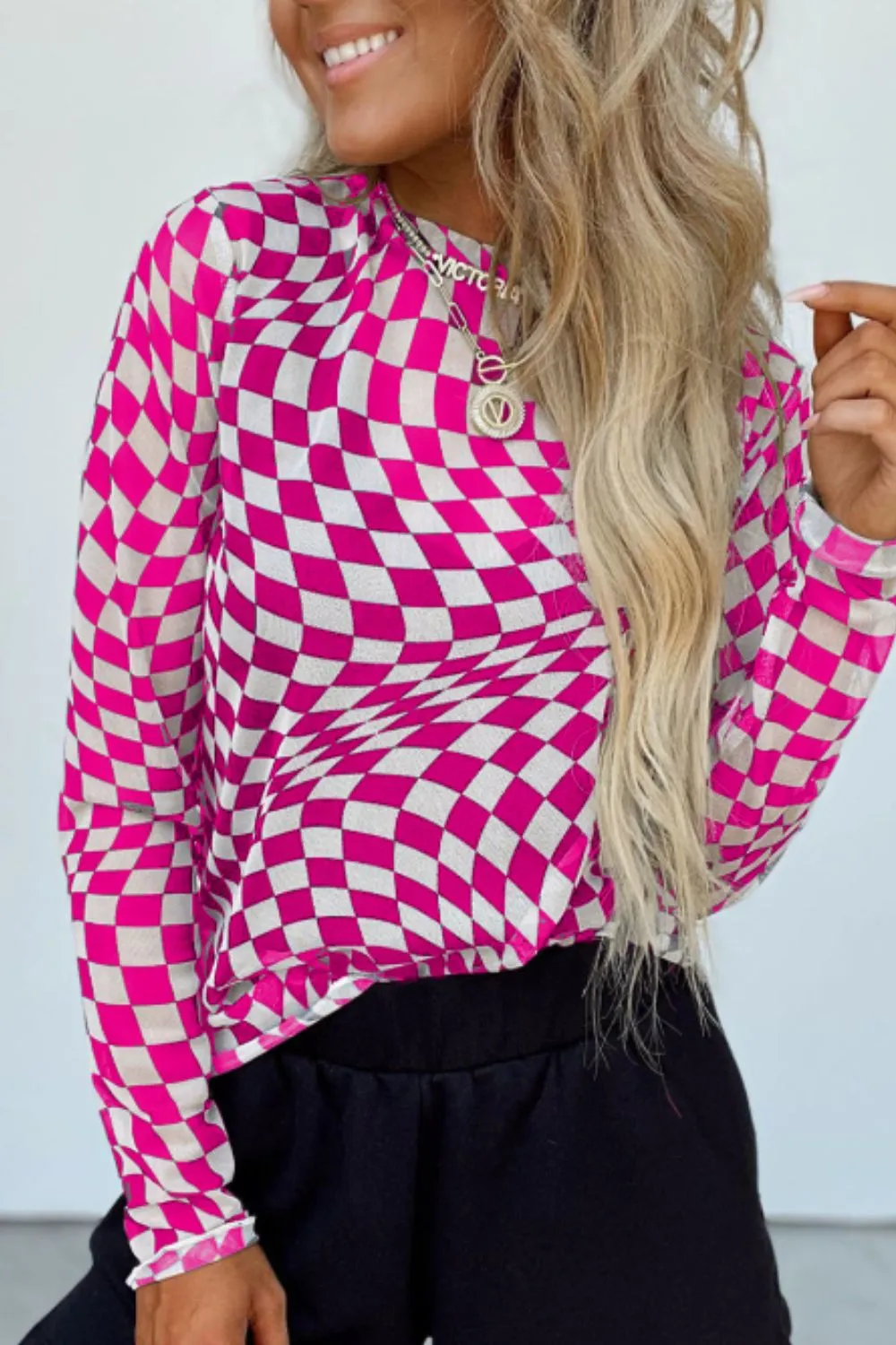 Checkered Mock Neck Long Sleeve Blouse sold by Unique Kulture product image thumbnail 2