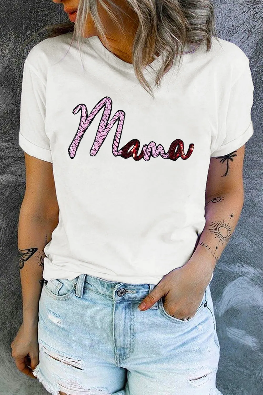 MAMA Sequin Round Neck Short Sleeve T-Shirt sold by Unique Kulture product image thumbnail 2